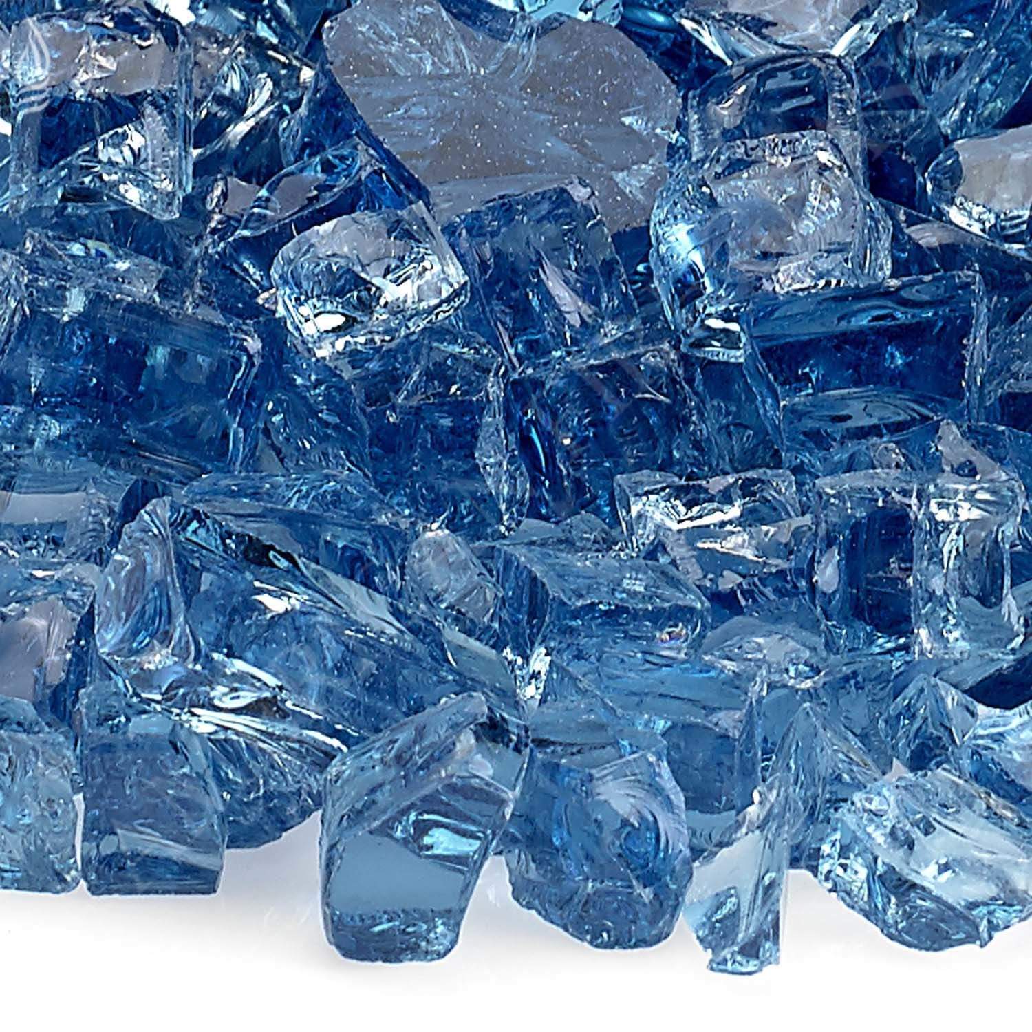Pacific blue fire glass chunks with reflective facets, piled in a dense mix