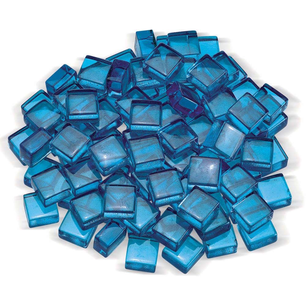 Blue luster fire glass nuggets, 1/2-inch square pieces in a loose pile