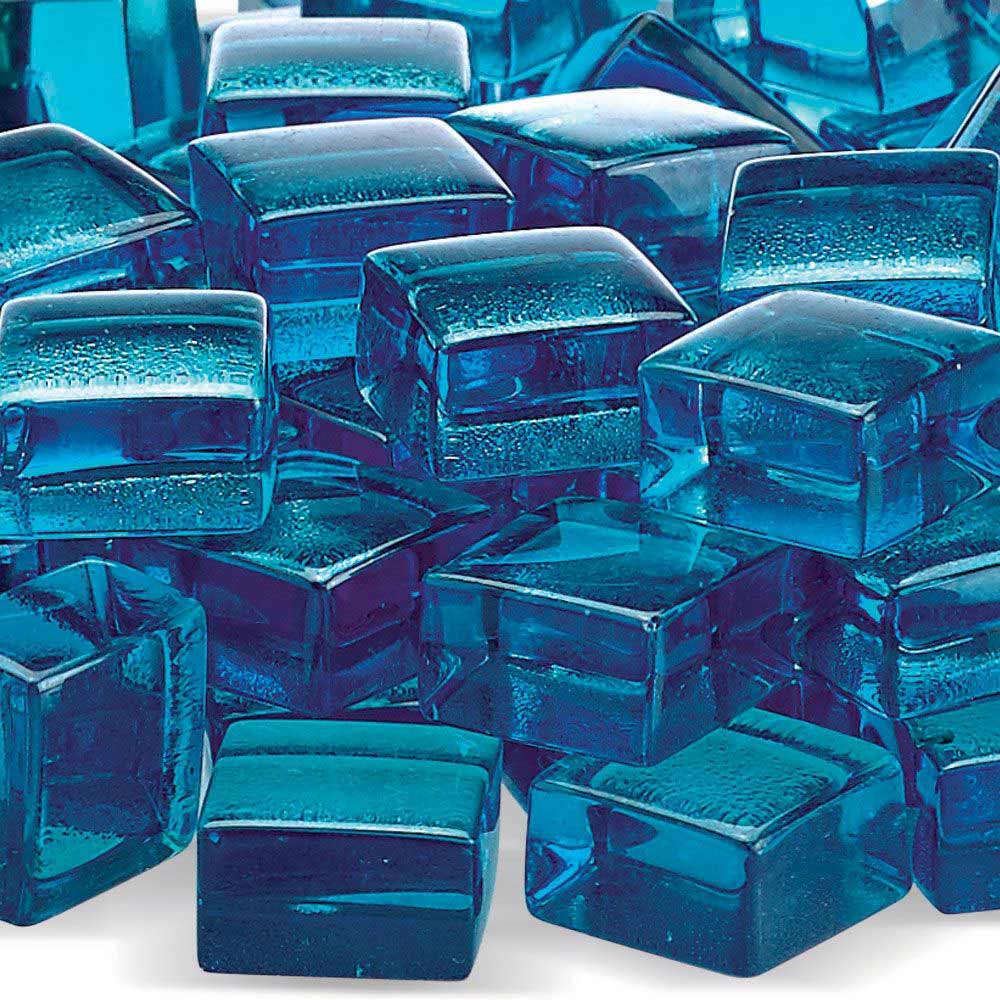 Blue luster fire glass cubes with glossy reflective surfaces, tightly packed