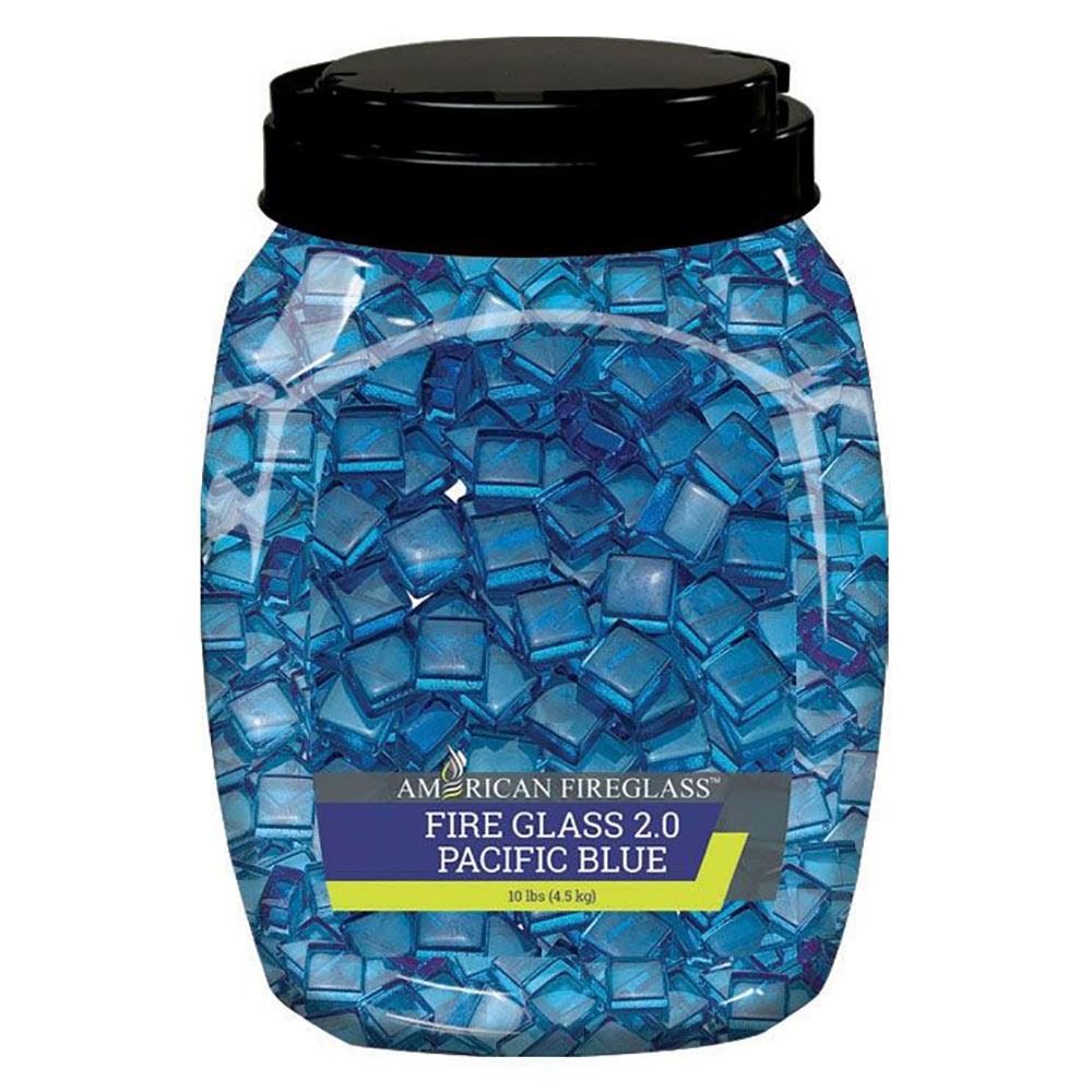 Fire glass jar with blue luster 1/2-inch pieces, screw-top container