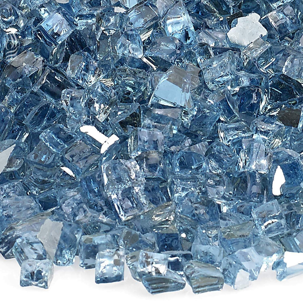 Pacific Blue reflective fire glass shards, close-up of faceted 1/4-inch pieces