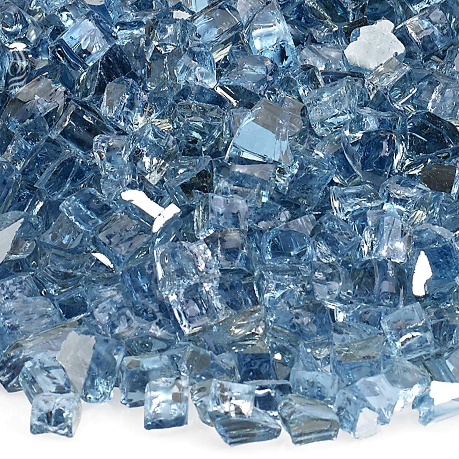 Pacific Blue reflective fire glass shards, close-up of faceted 1/4-inch pieces
