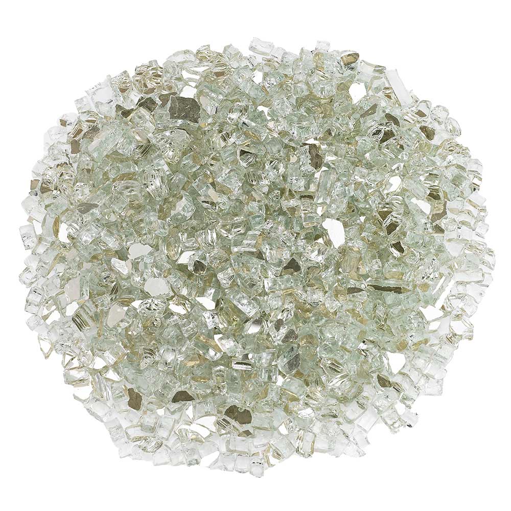 Platinum reflective fire glass, clear and pale green cubic shards