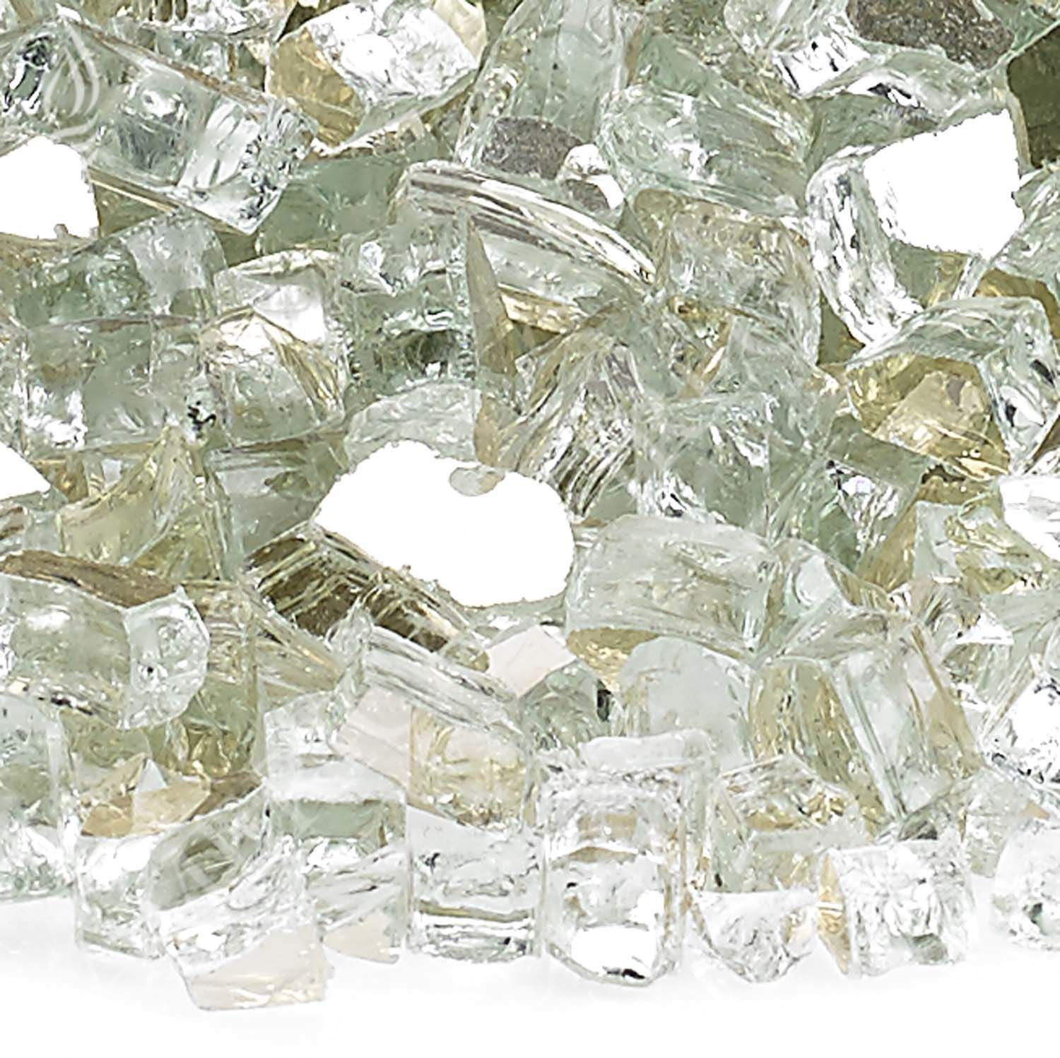 Platinum reflective fire glass close-up, clear and pale green glass fragments