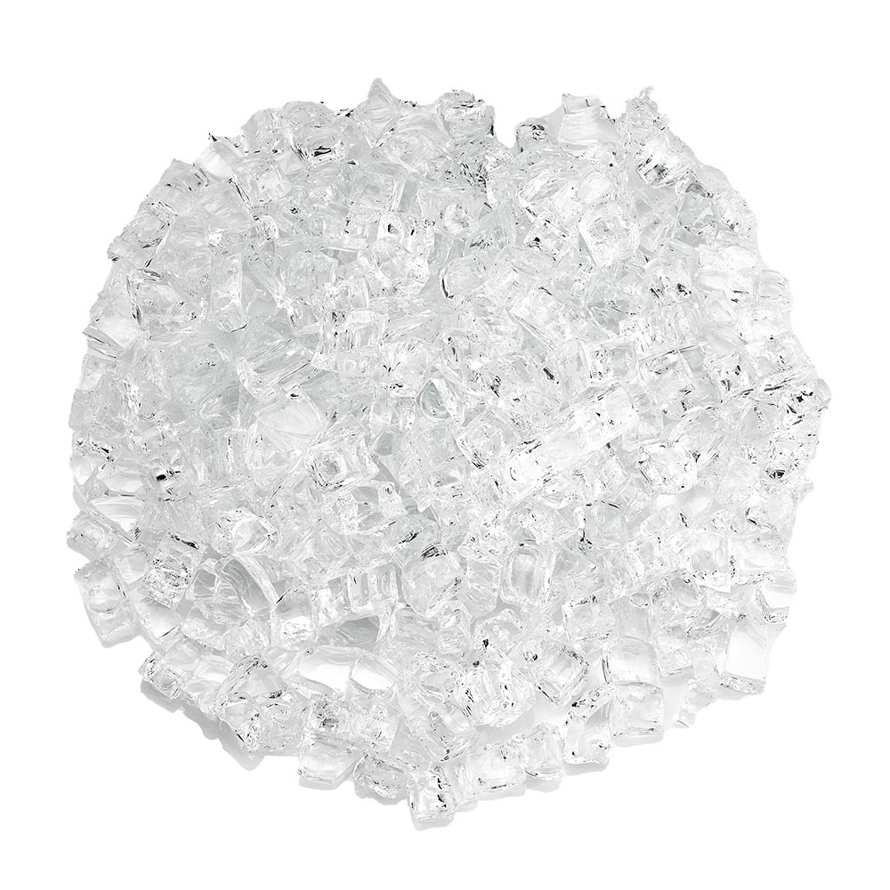 Clear fire glass chunks, round pile of 1/2-inch pieces