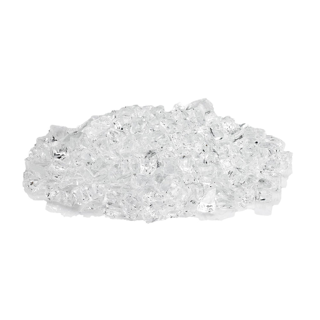 Clear fire glass pieces in a flat pile, irregular faceted chunks