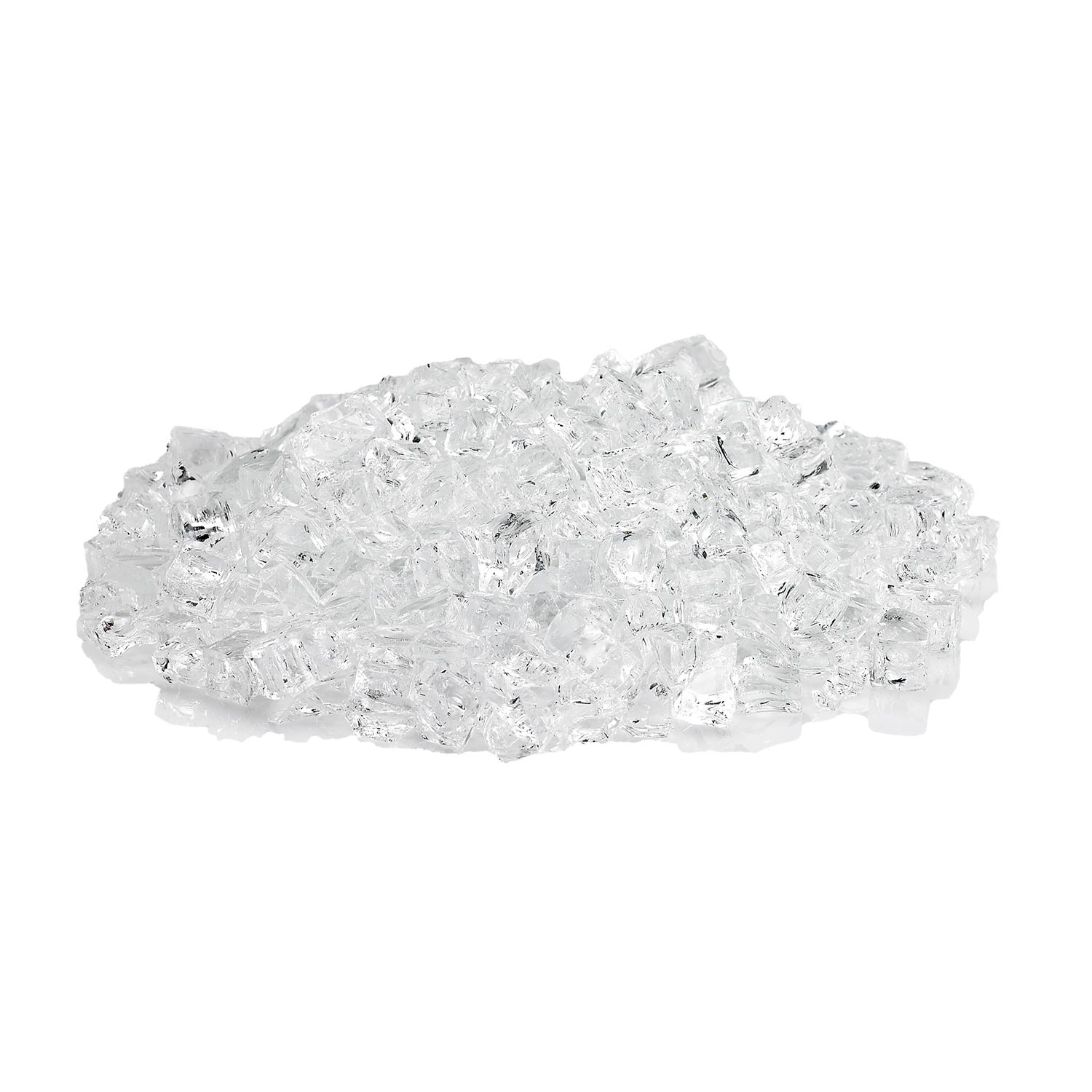 Clear fire glass pieces in a flat pile, irregular faceted chunks