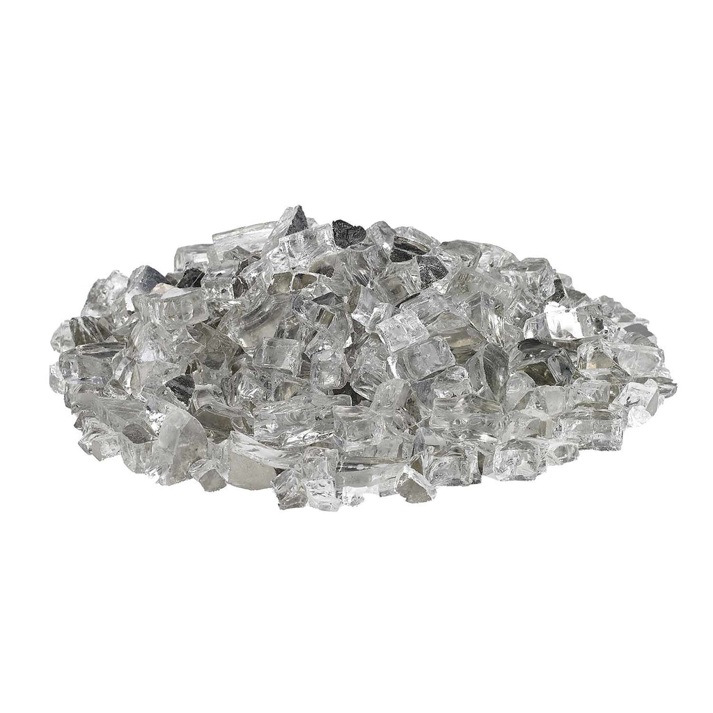 Clear reflective fire glass pieces scattered in a line