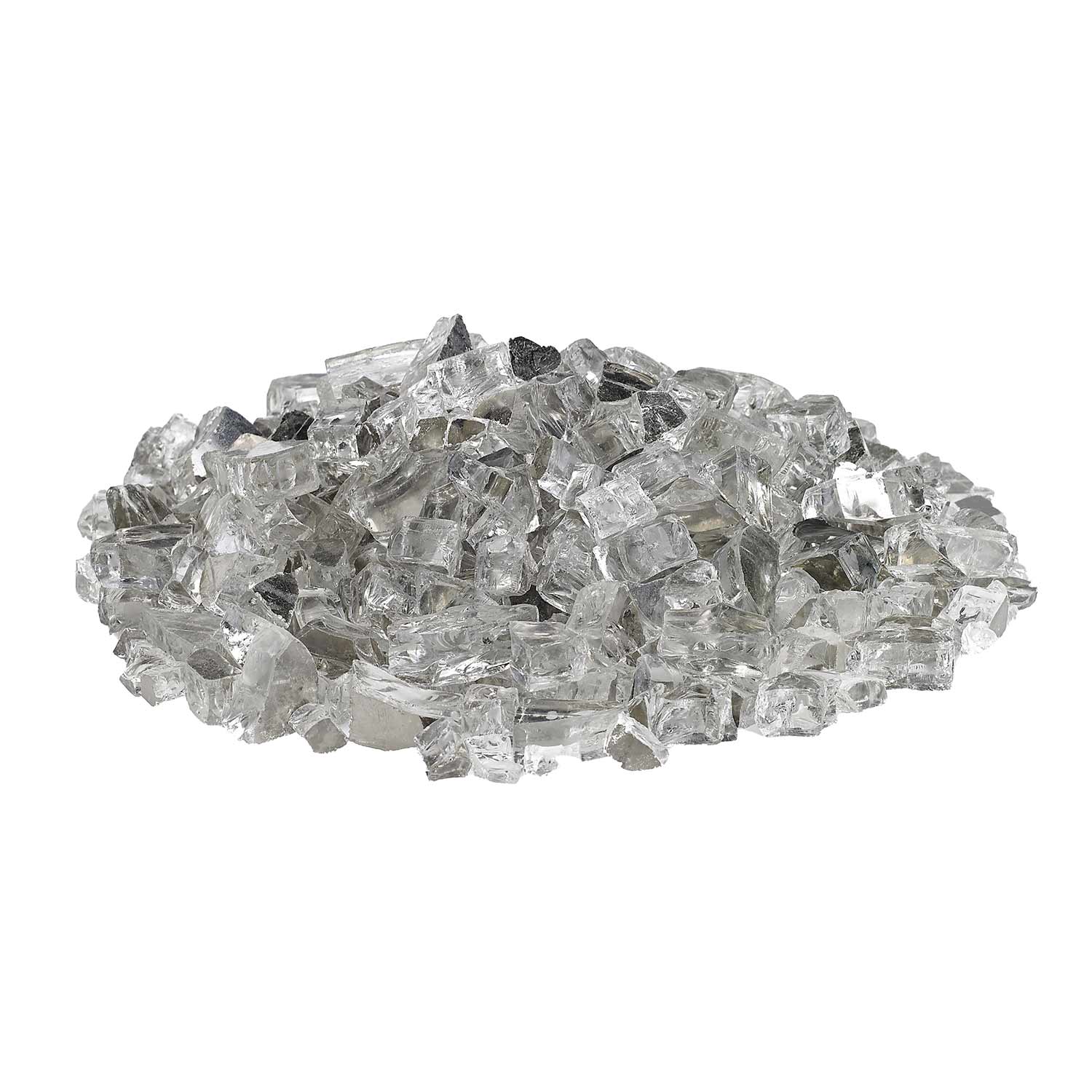 Clear reflective fire glass pieces scattered in a line