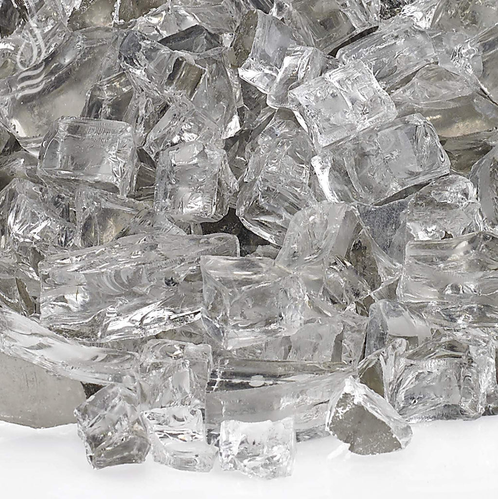 Close-up of clear reflective fire glass chunks