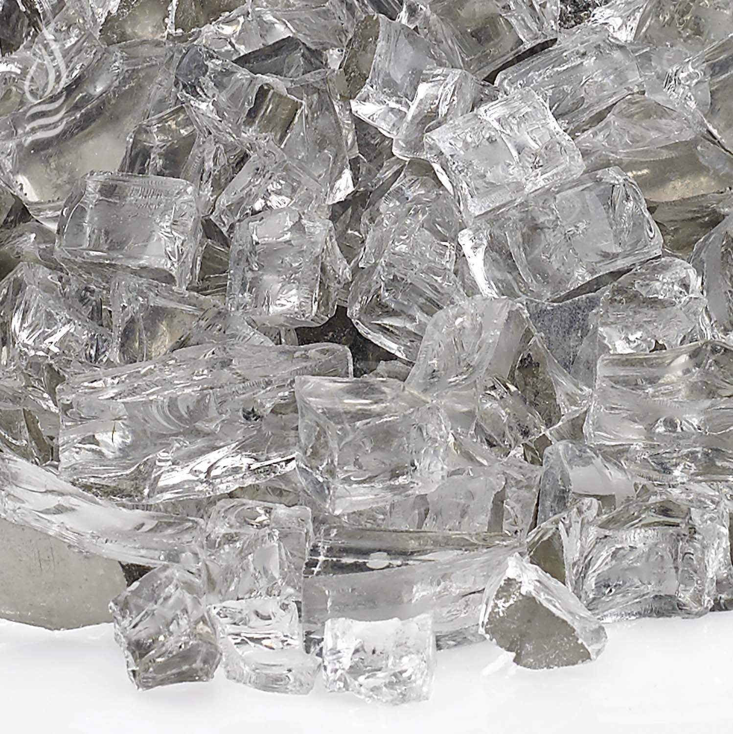 Close-up of clear reflective fire glass chunks