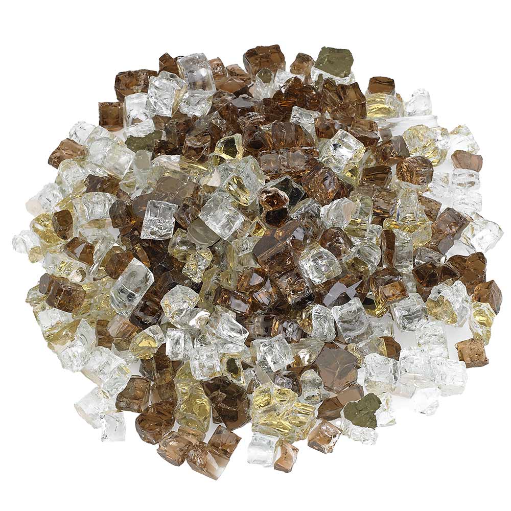 Reflective fire glass pieces in clear, smoky brown, and gold tones, assorted cubes