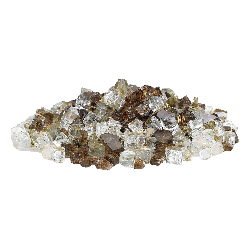 Assorted reflective fire glass cubes in clear white and smoky brown with gold highlights