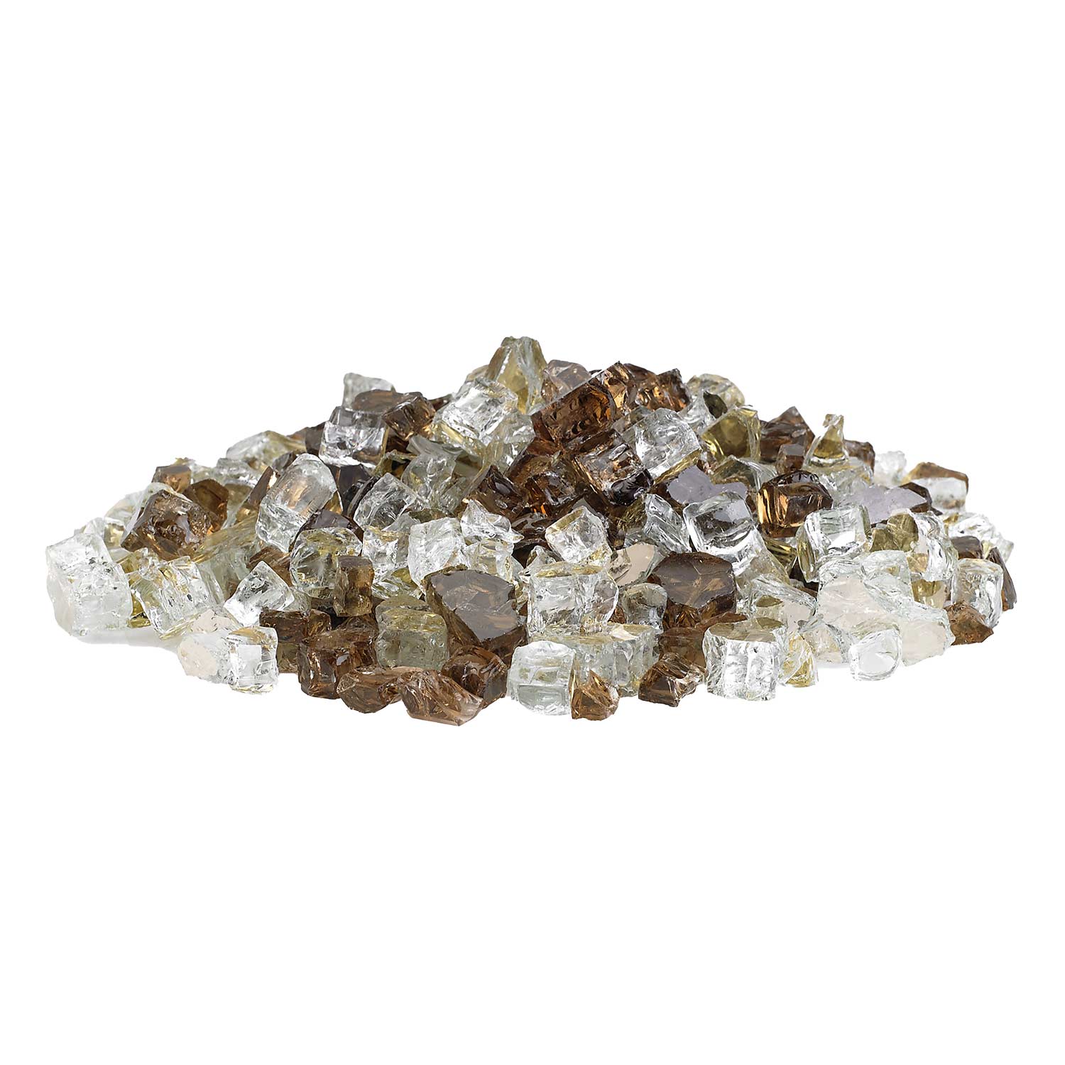 Assorted reflective fire glass cubes in clear white and smoky brown with gold highlights