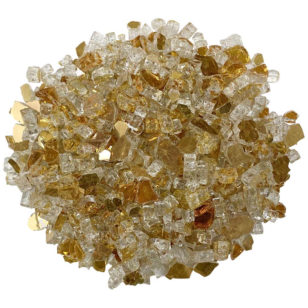 Gold reflective fire glass gems, clear and gold crushed pieces