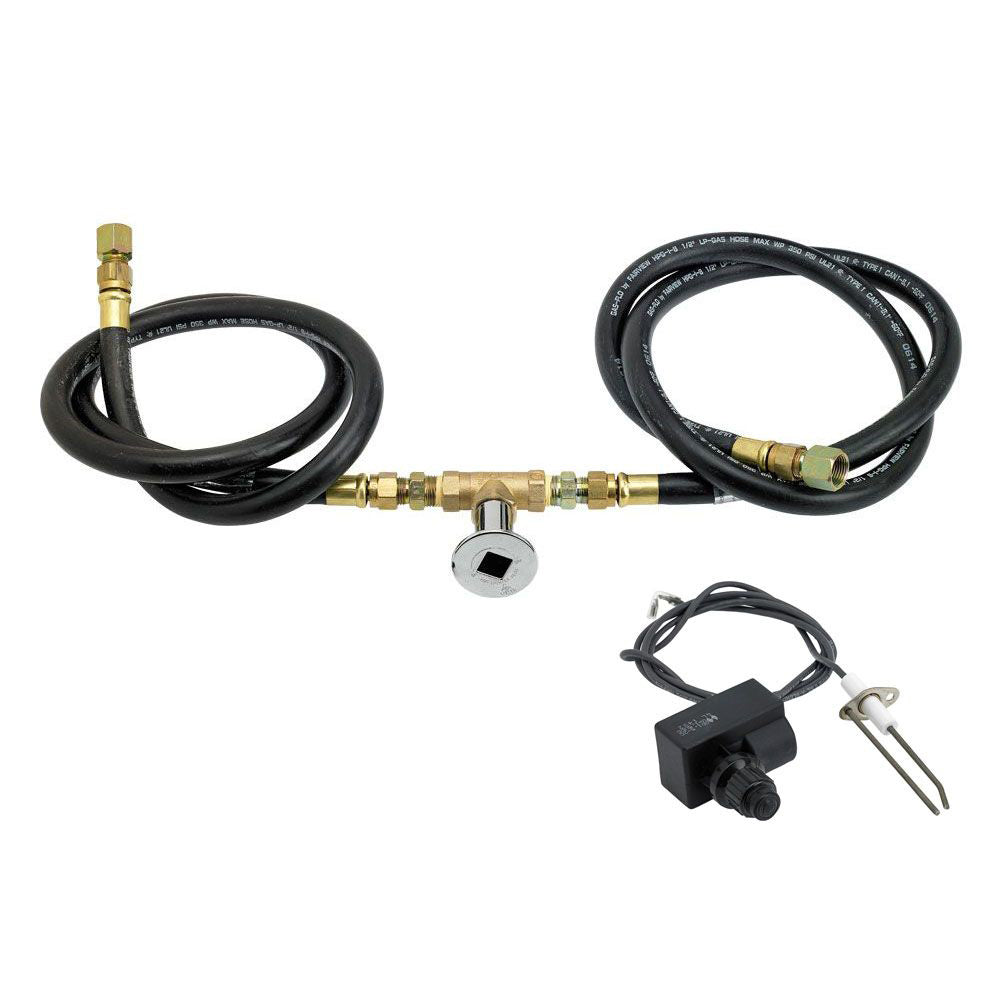 Natural gas fire pit installation kit with black hoses, brass fittings, control switch