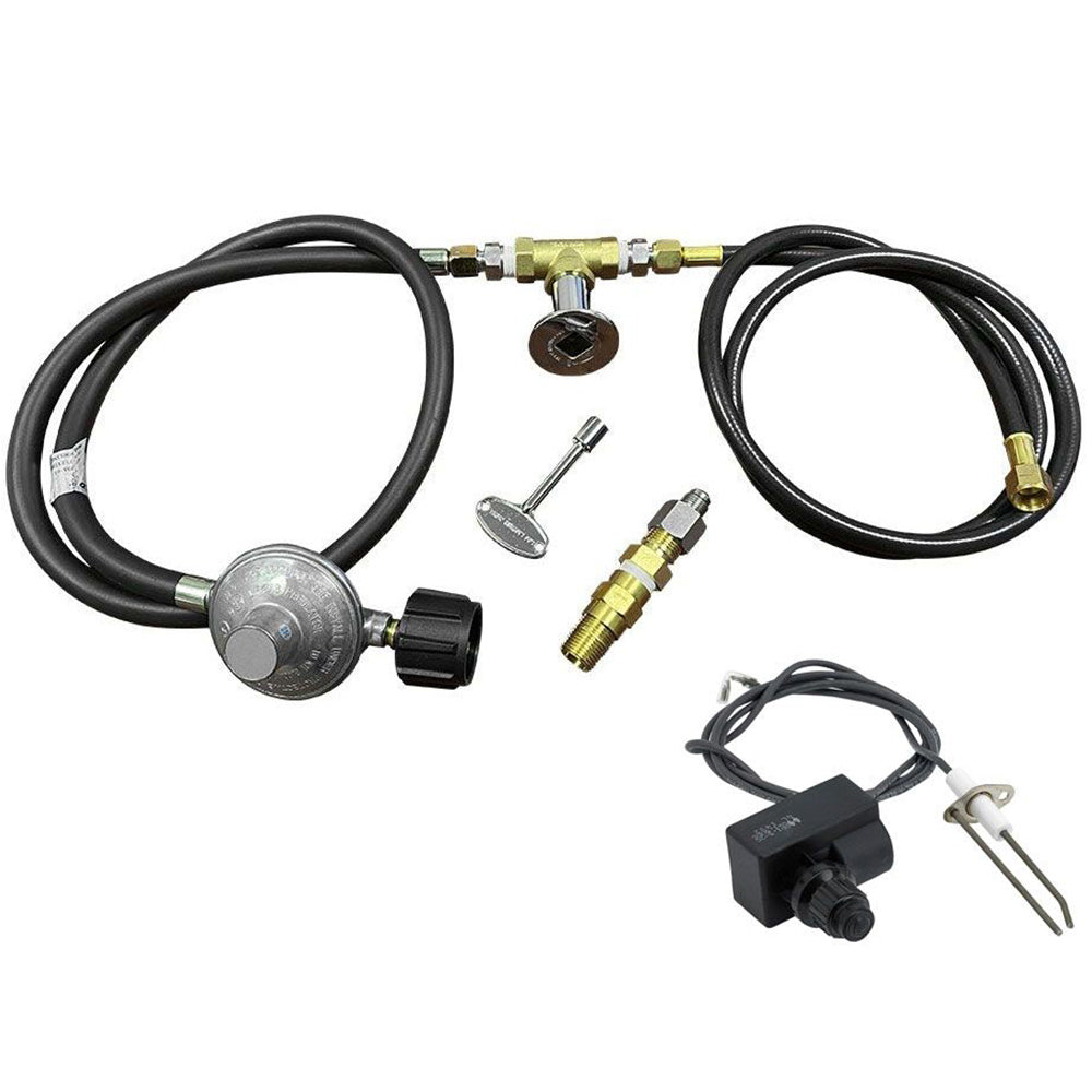 Propane fire pit installation kit with black hoses, regulator, fittings, and igniter
