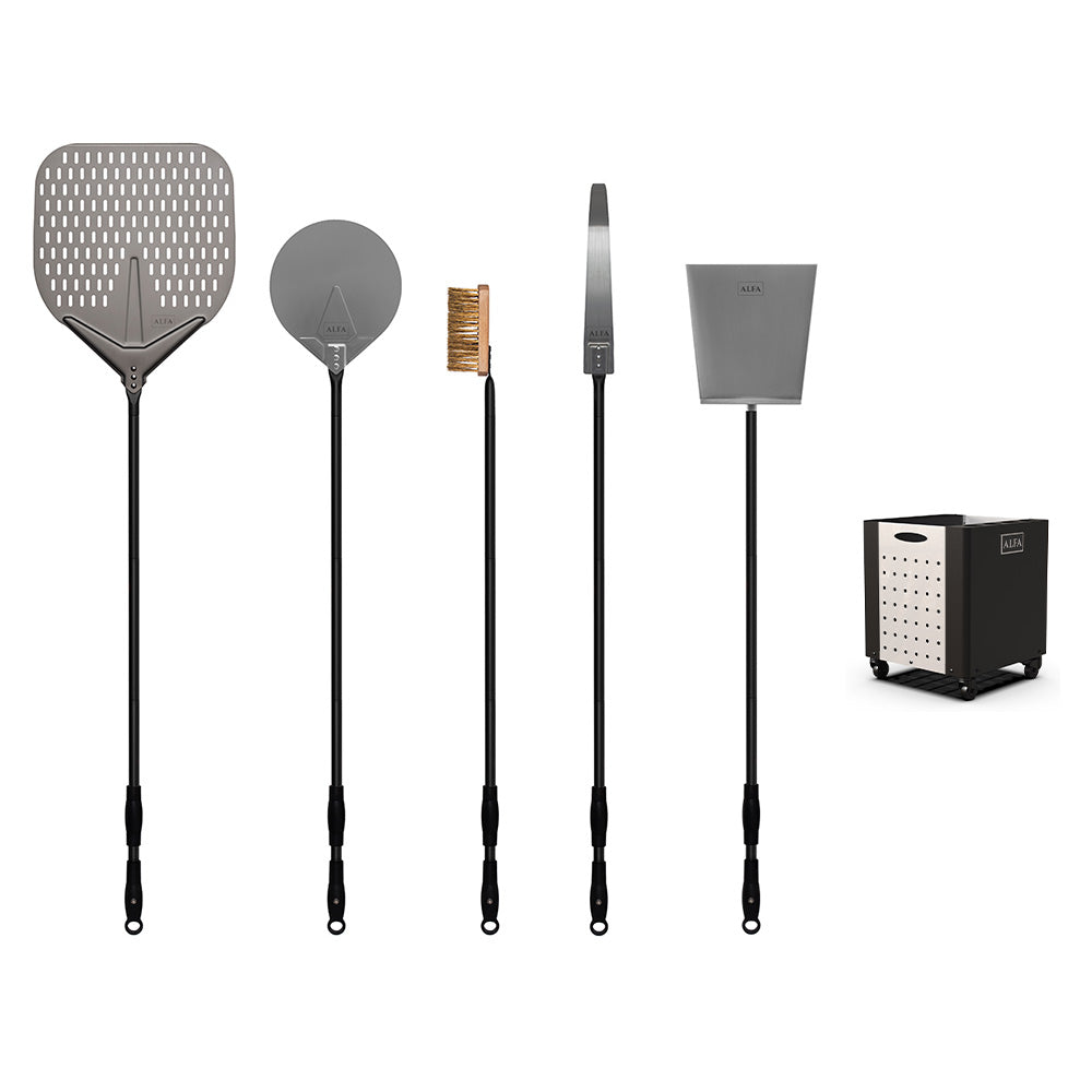 Pizza peel set with holder: square perforated peel, round peel, brush, and stand