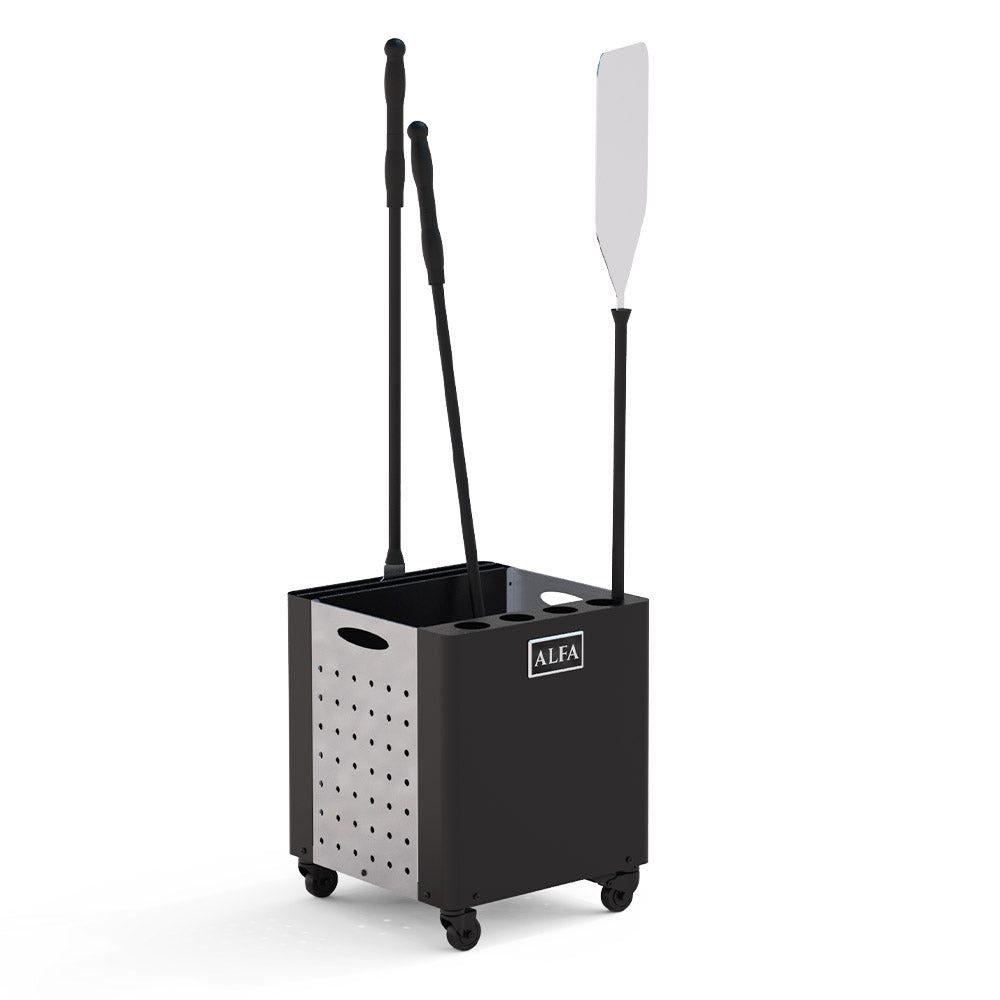 Pizza tool holder cart with four upright pizza peels and a brush in black