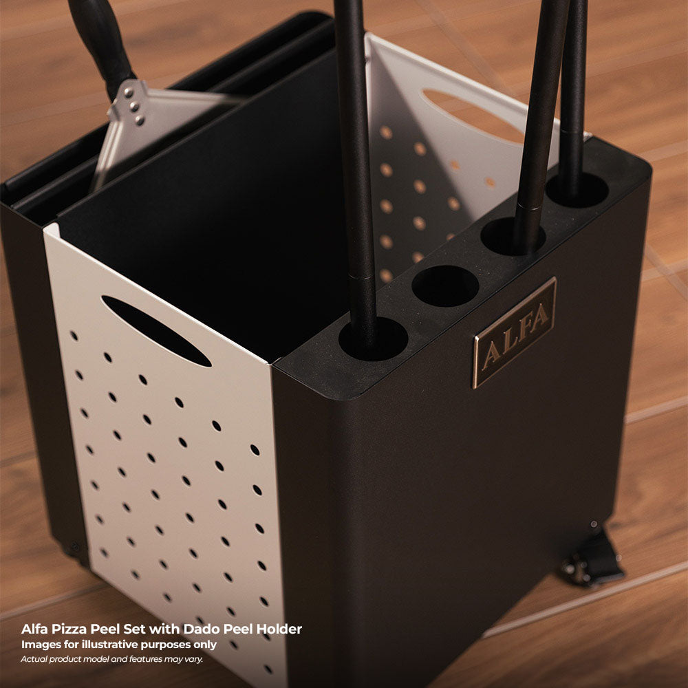 Black tool caddy with perforated side panel, four pegs, and ALFA logo