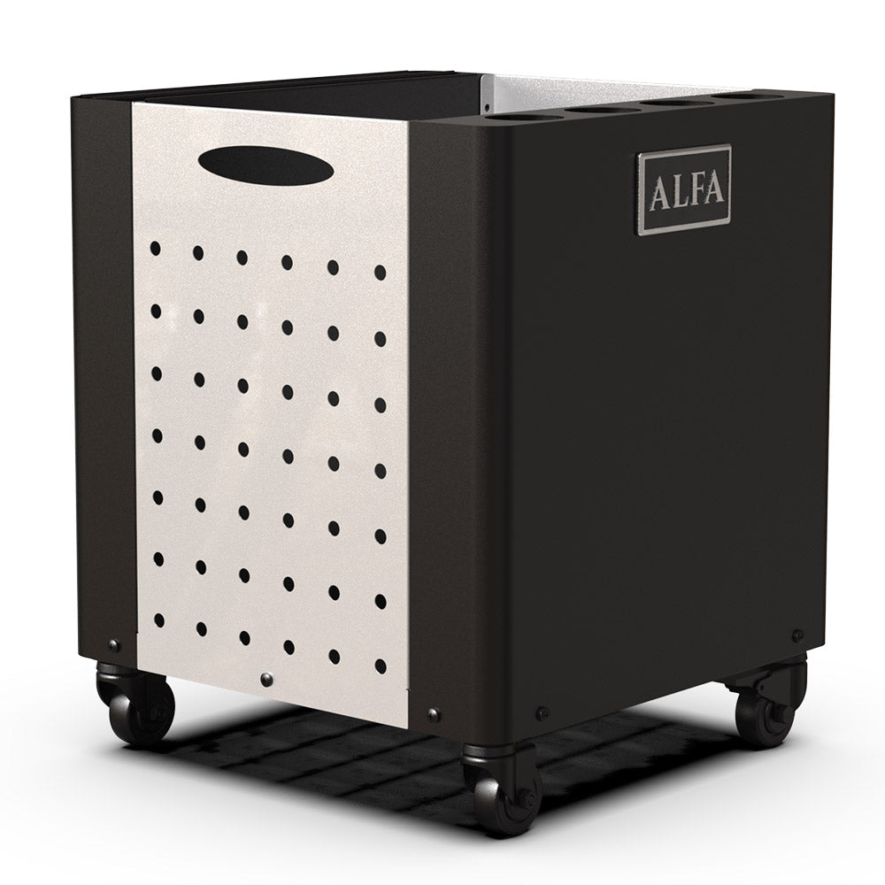 Alfa pizza peel holder with black body, white perforated panel, and caster wheels