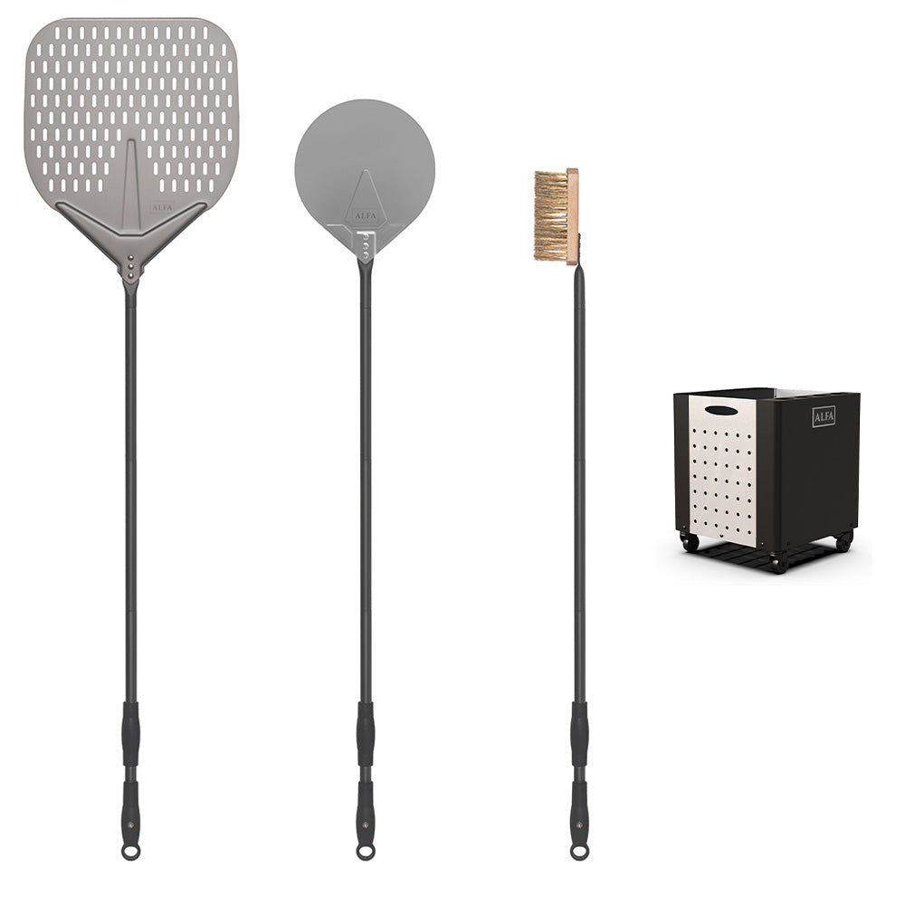 Pizza peel set with dado holder: perforated square peel, round peel, brush, and stand