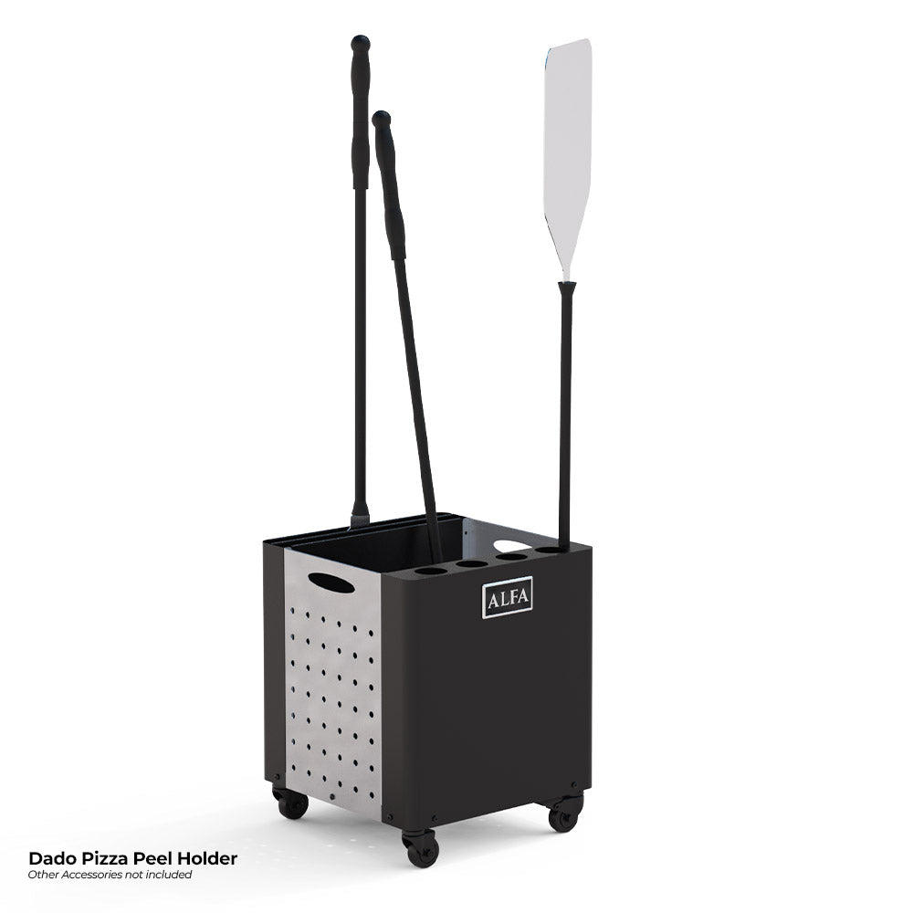 Pizza peel holder with two peels mounted upright on a black wheeled stand