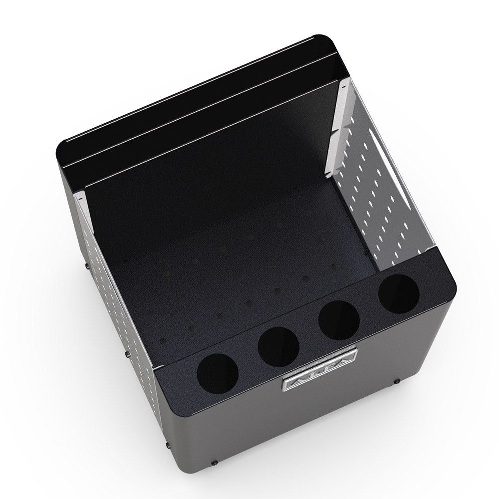 Black pizza peel holder tray base with four round slots for peel handles