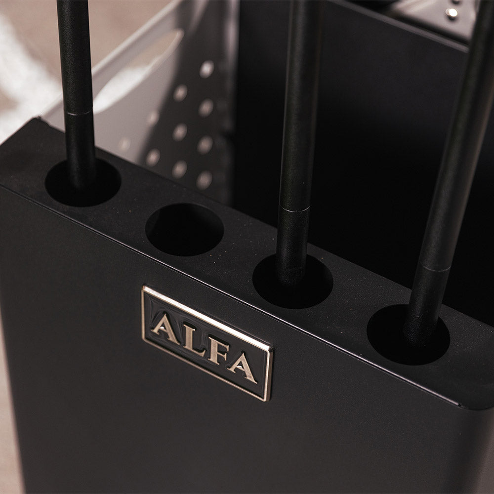 Black pizza peel holder front panel with ALFA logo and four circular handle holes