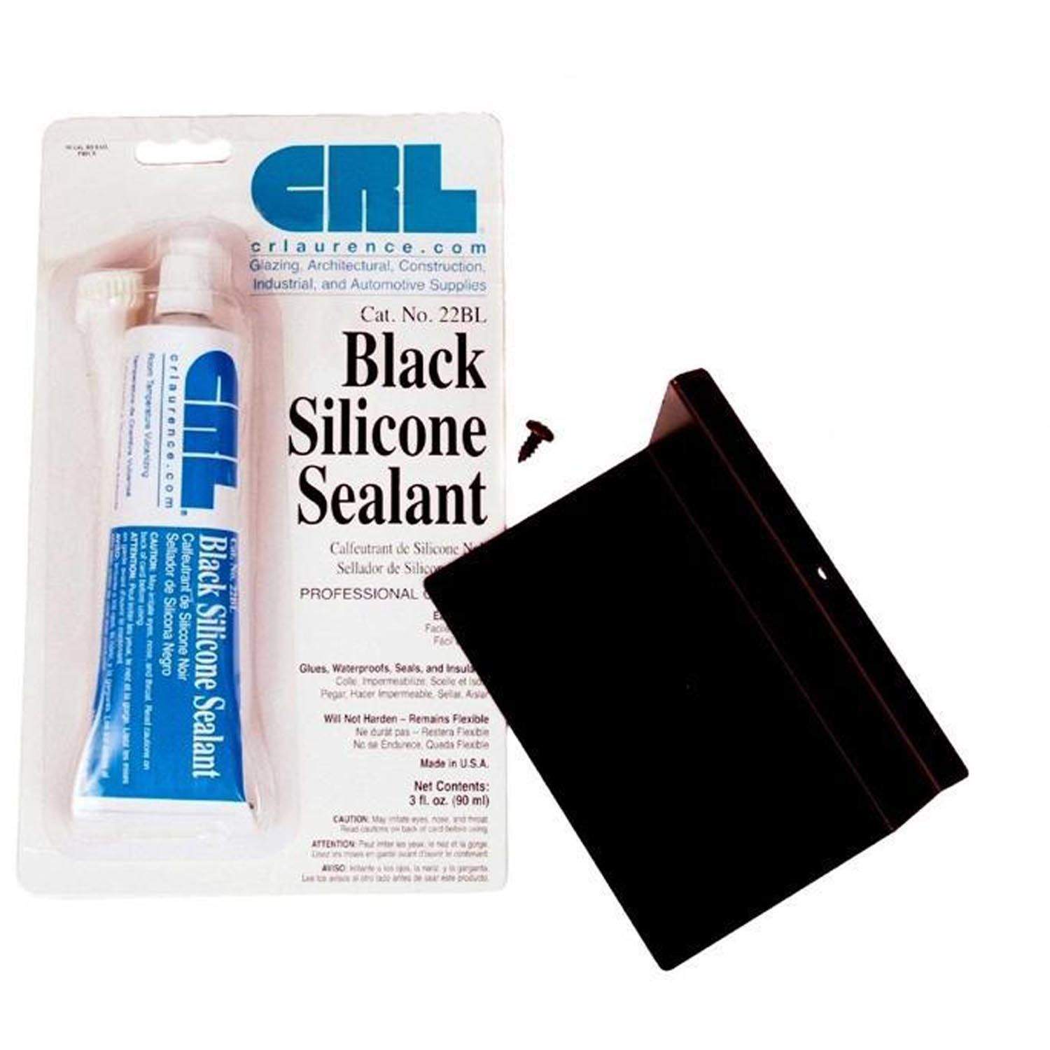 Black silicone sealant kit in blister pack with tube and dark mounting piece