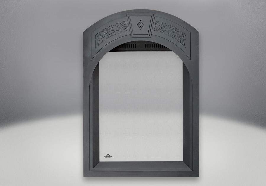 Decorative arched fireplace facing kit with carved top ornament and dark frame
