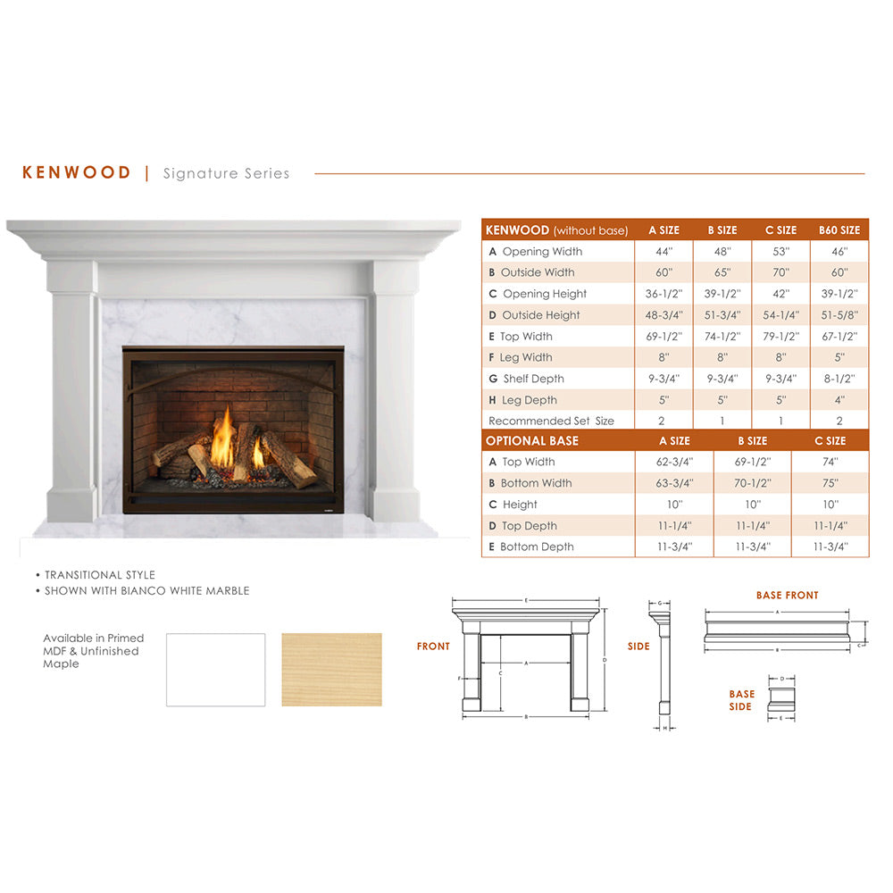 Majestic Quartz 42-Inch Direct Vent Gas Fireplace with Kenwood Flush Mantel and Split Logs
