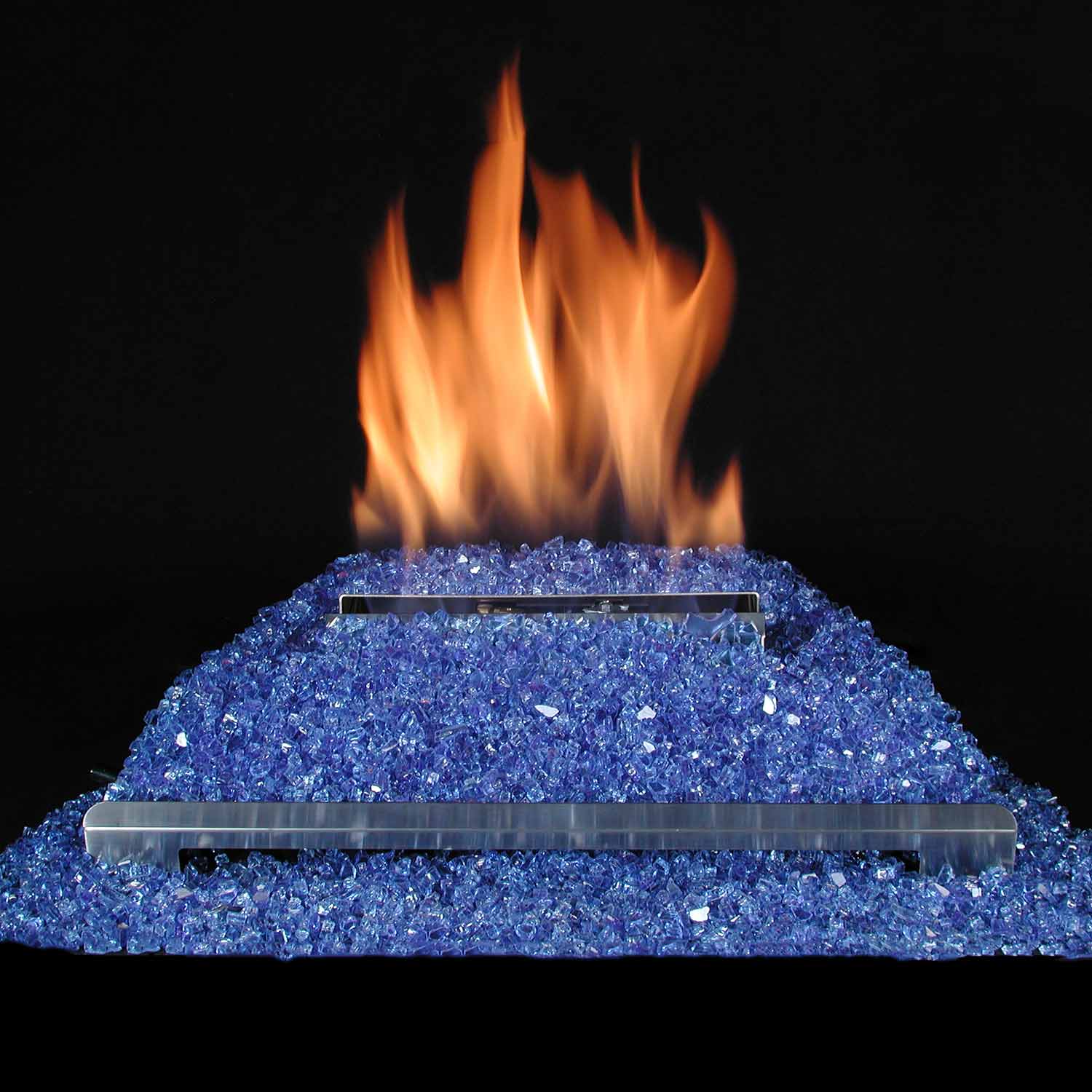 Ventless burner kit with blue fire glass and visible flames