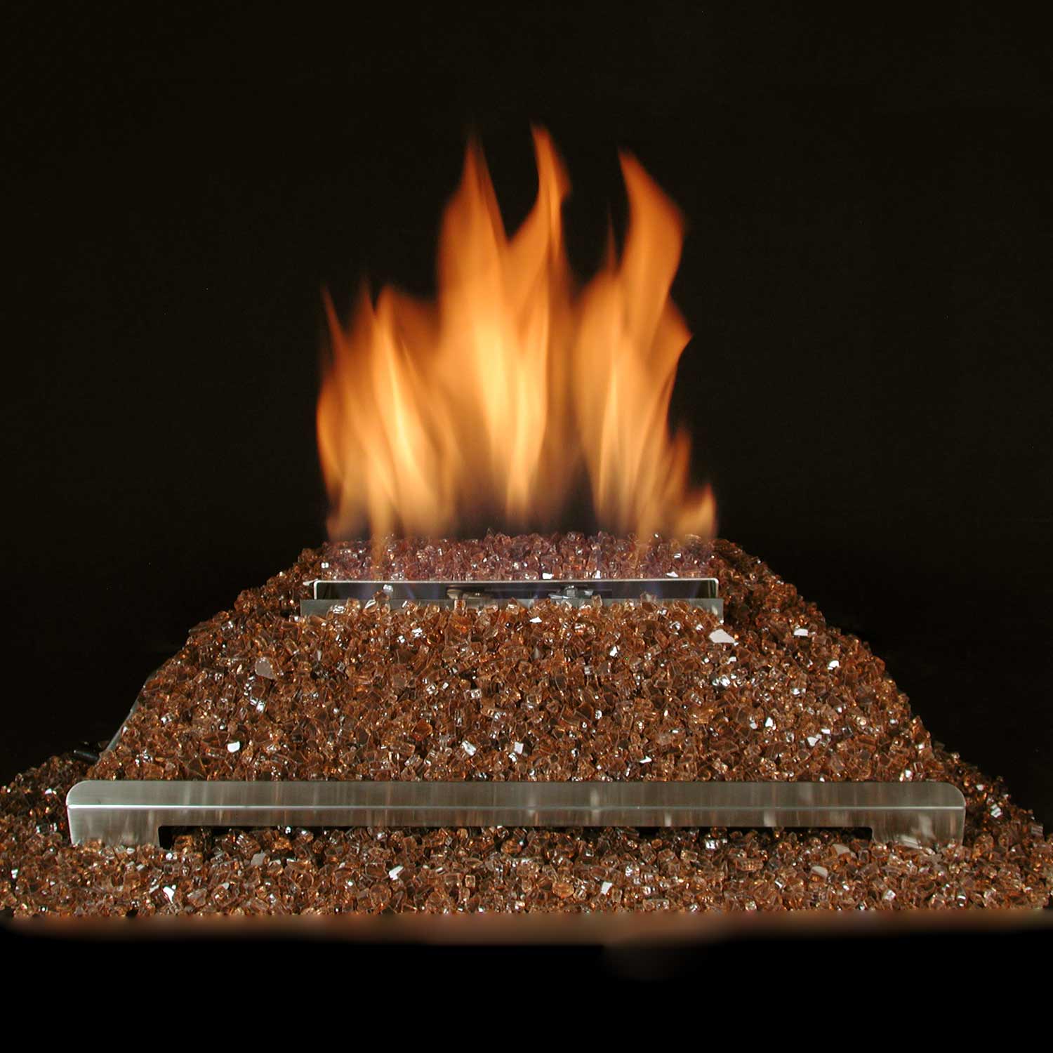 Ventless burner kit with copper fire glass and visible flames