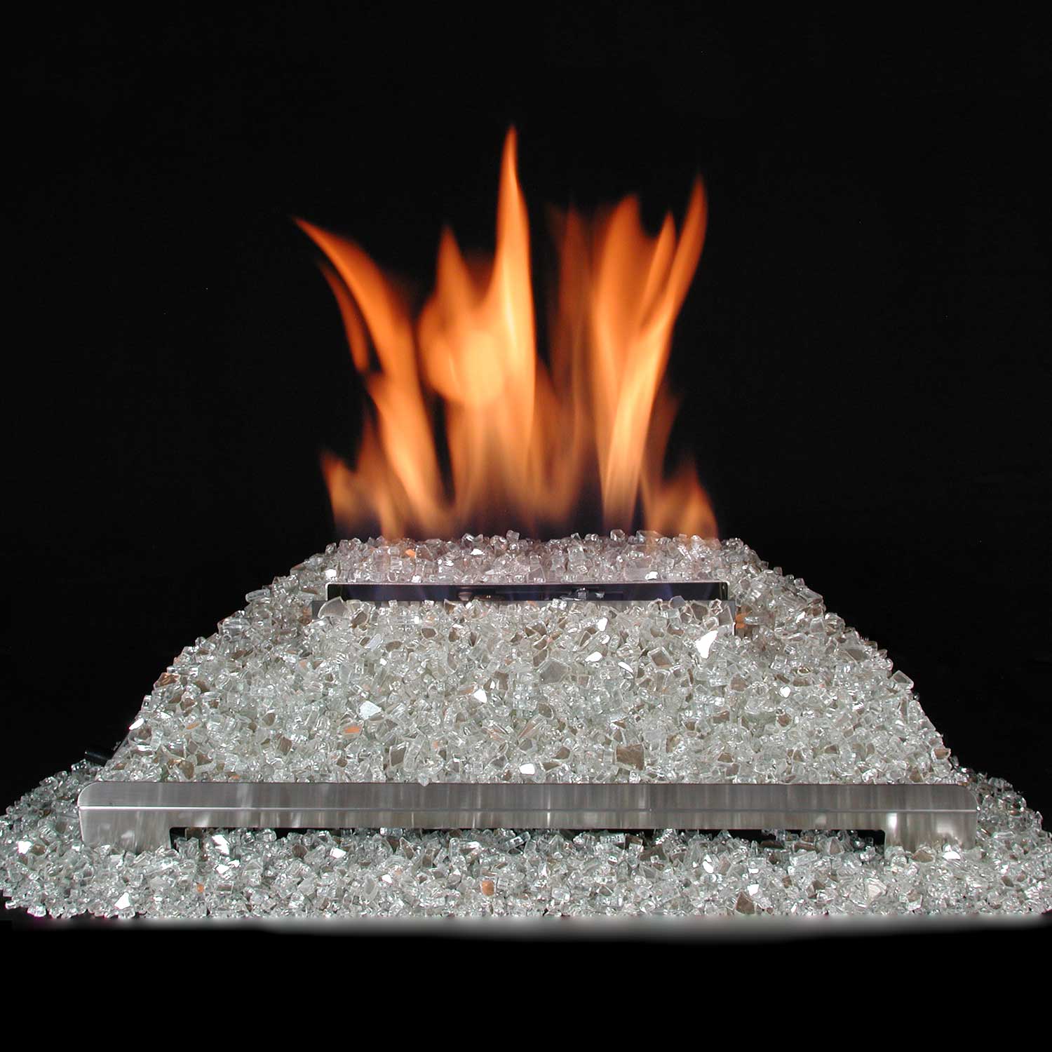 Ventless burner kit with clear silver fire glass and visible flames
