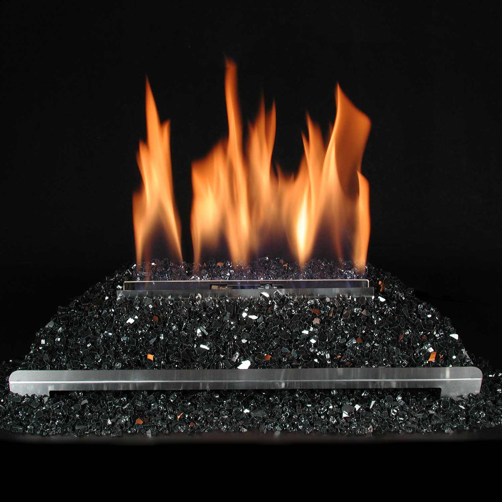 Ventless burner kit with stainless tray, black fire glass, and active flames