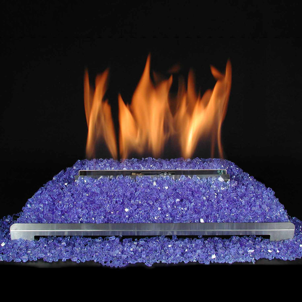 Ventless burner with orange flames over purple fire glass media