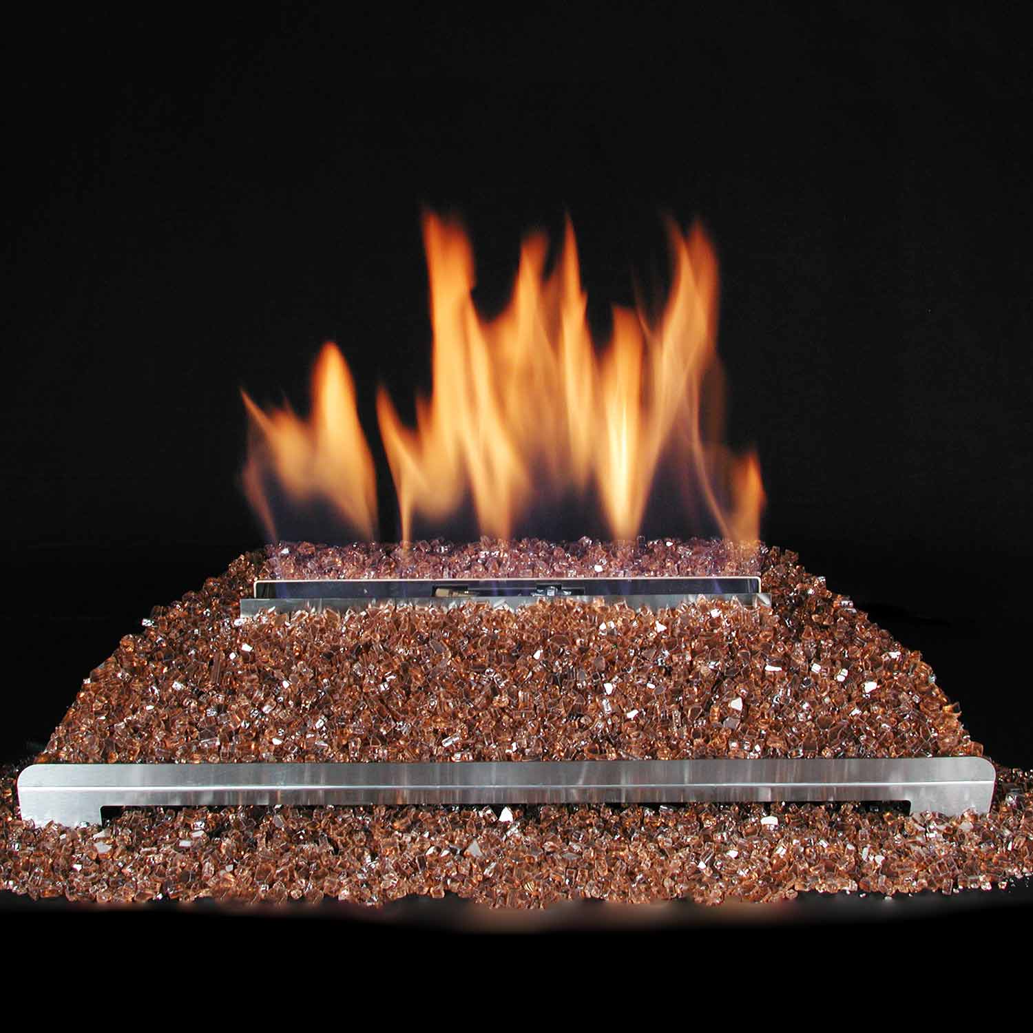 Ventless burner with orange flames over copper fire glass media