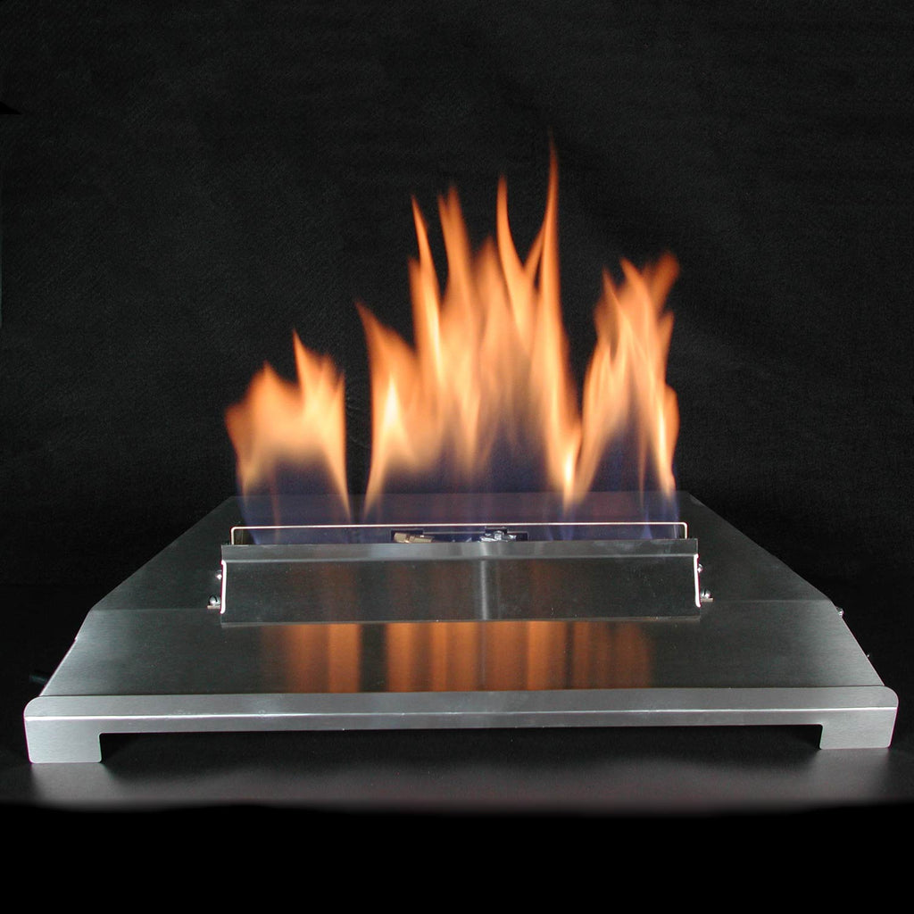 Ventless burner kit with metal burner tray and orange flames