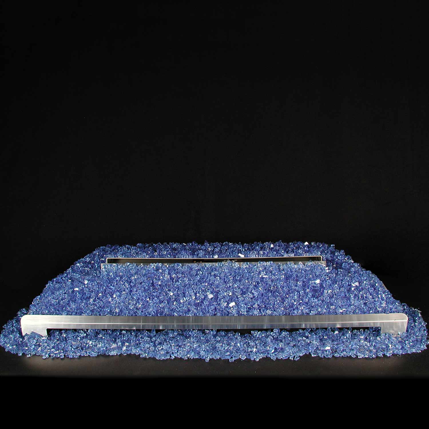 Ventless burner tray with blue fire glass media