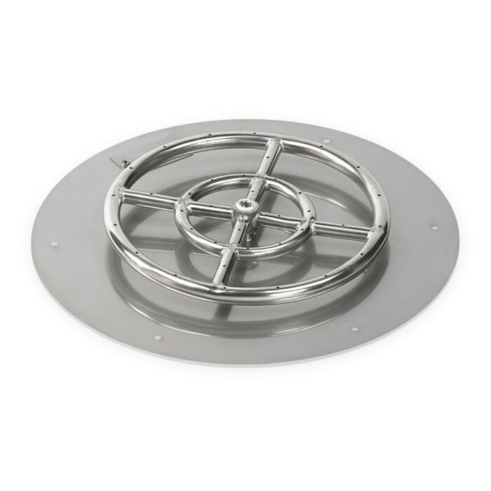 Round stainless steel fire pit burner pan with circular burner grate and cross supports