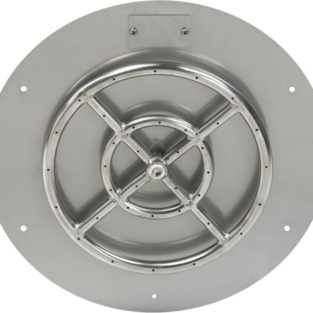 Top view of round stainless steel fire pit burner pan with cross-brace burner grate