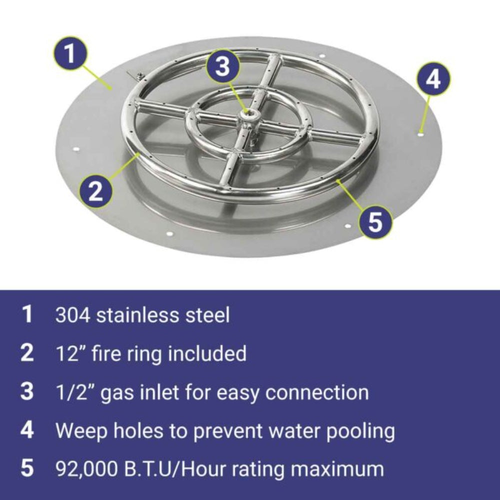 Round stainless steel fire pit burner pan with central gas burner and ring supports