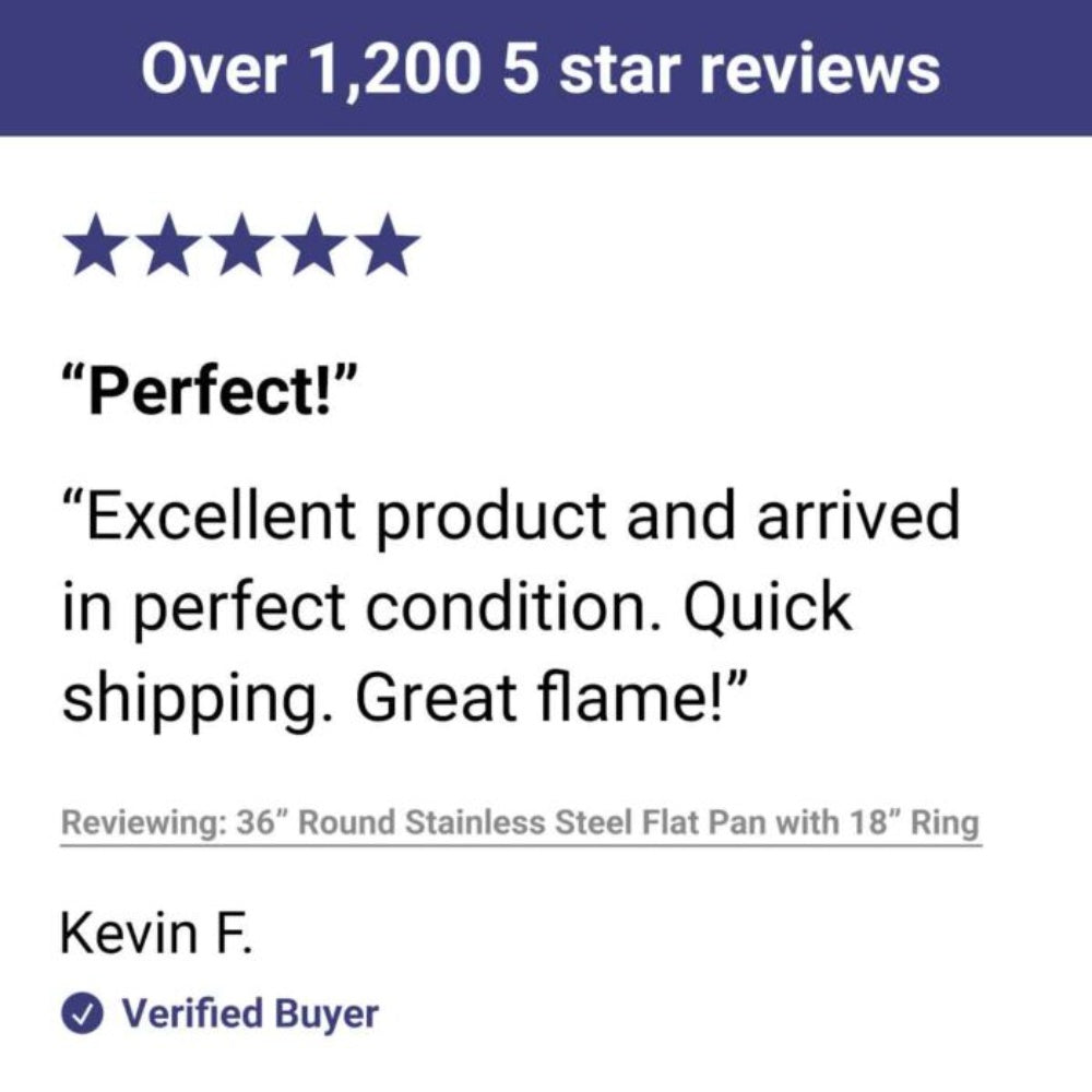 Customer review text for a round stainless steel flat fire pit burner pan with 18 in ring
