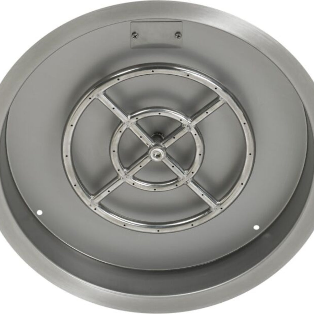 Close-up of round stainless steel drop-in burner pan with central hub and four spokes