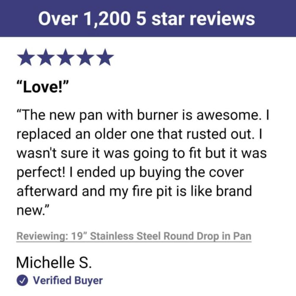 Customer review graphic with 5-star rating for stainless steel drop-in pan