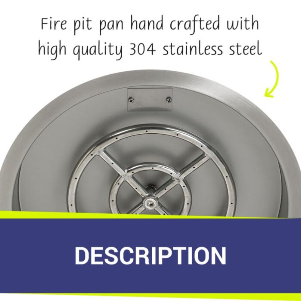 Round stainless steel drop-in fire pit pan with central burner and support grate