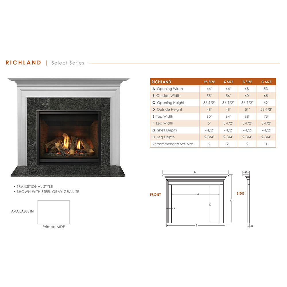 Majestic Quartz 42-Inch Direct Vent Gas Fireplace with Richland Flush Mantel and Split Logs, Primed MDF Finish