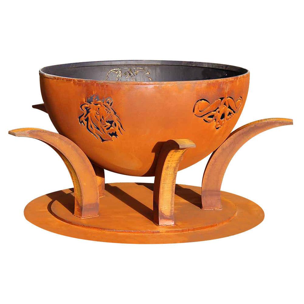 Gas fire pit with raised lion and animal engravings; flame bed visible inside.