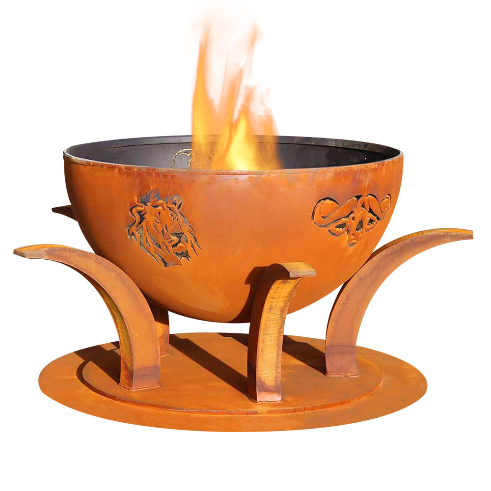 Gas fire pit bowl with raised animal engravings and visible flames inside.